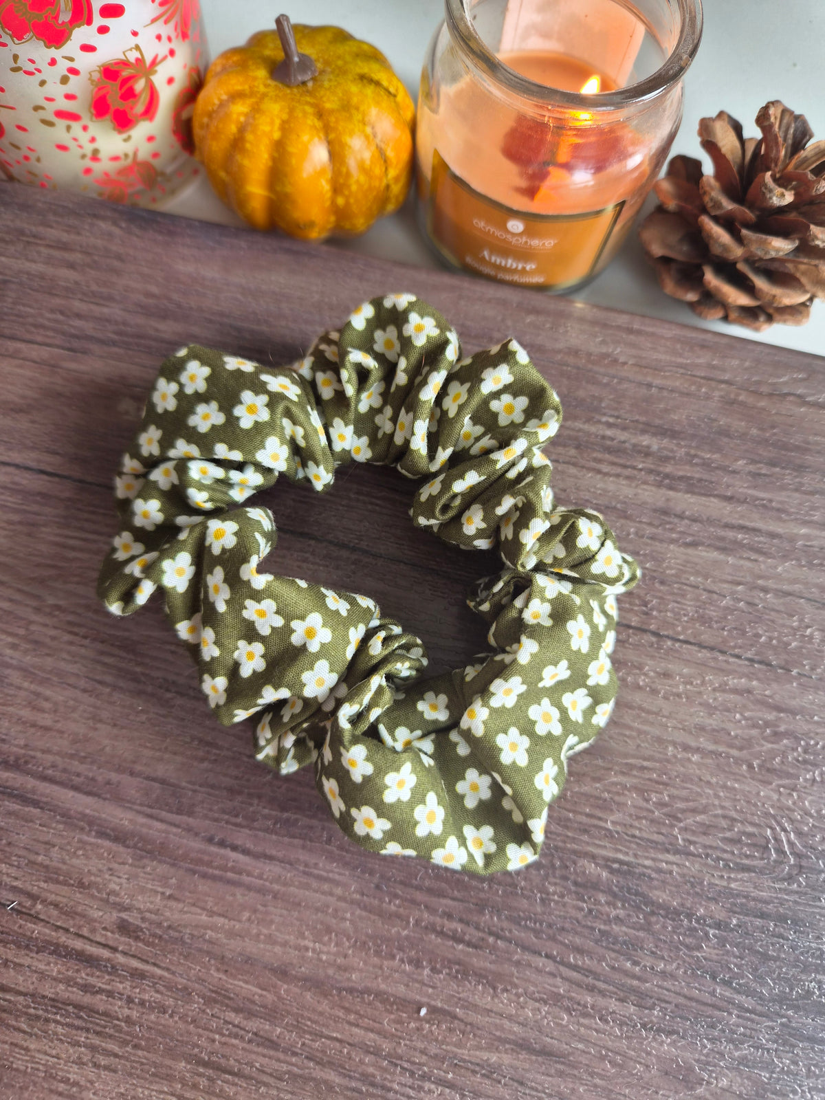 Chouchou classique - Vert motif fleurs