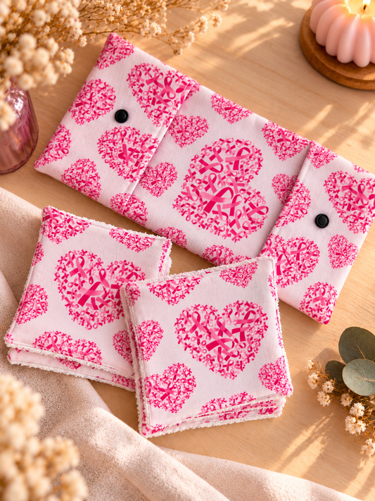 Pochette + 4 cotons lavables -  motif cœur  ruban