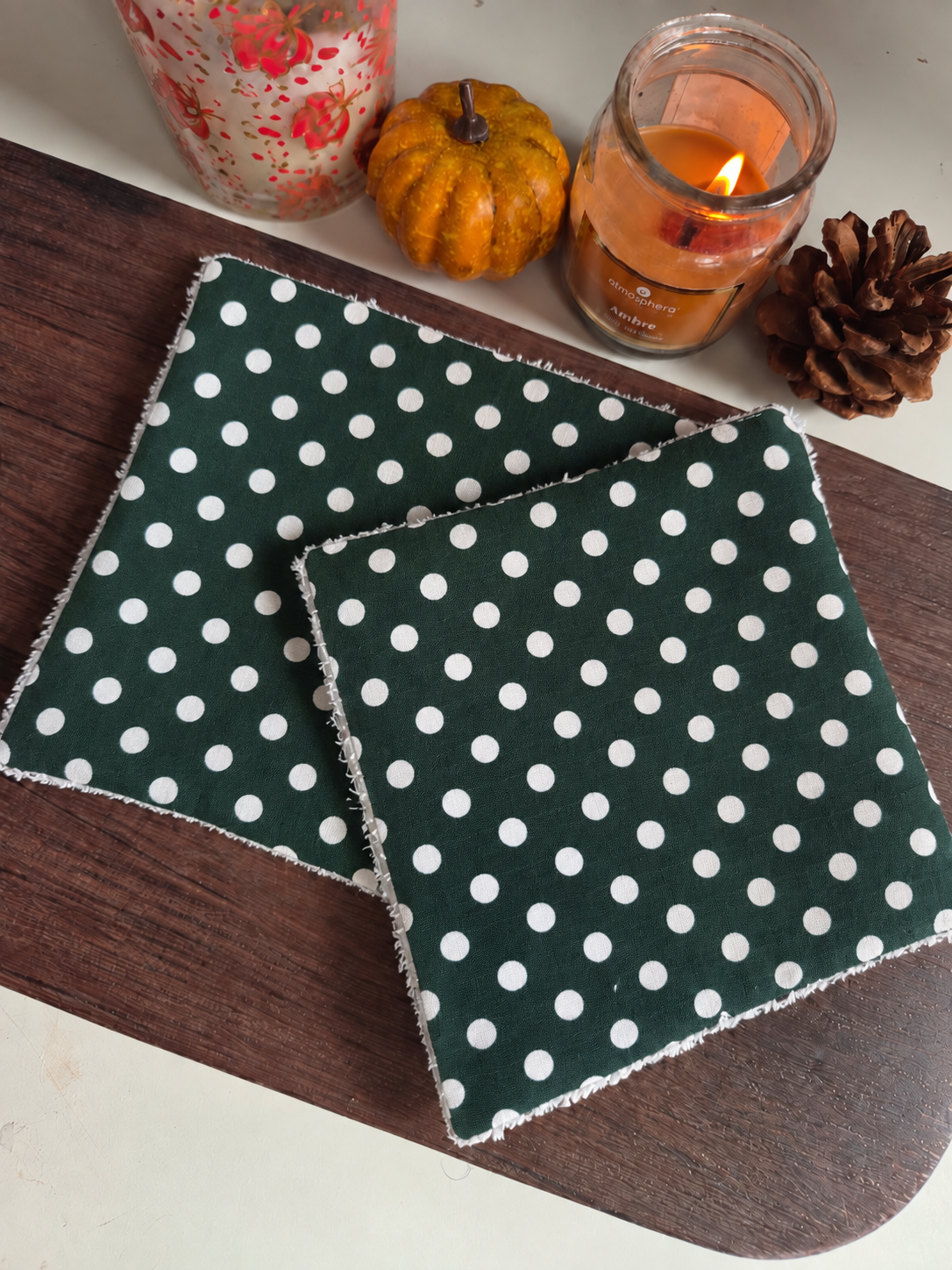 Cotons démaquillants (lot de 2) - motif vert pois blanc